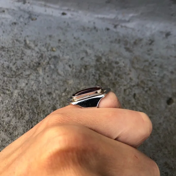 Silver Elongated Hexagon Ring with Peach Stone - Picture 6 of 15